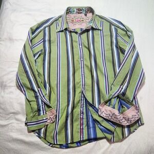 Robert Graham Mens Large Green Striped Button Up Shirt with Turn Cuffs